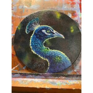 Original Peacock painting bird art surrealism Round realism Artettina